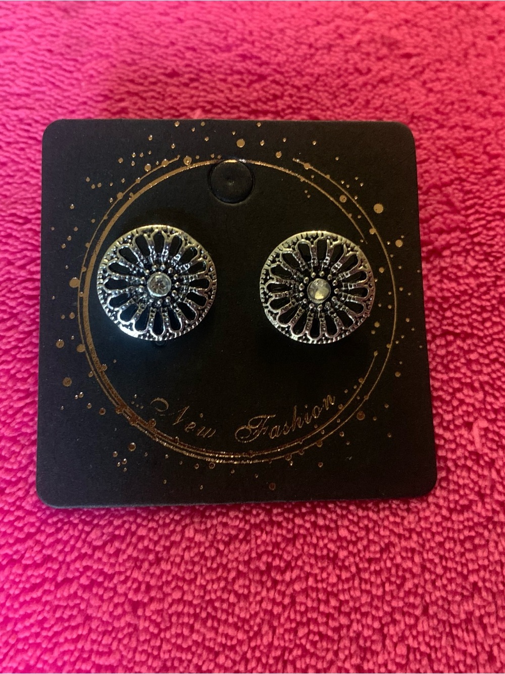 Filigree Floral Round Stud Earrings with Clear Crystal Center - Silver